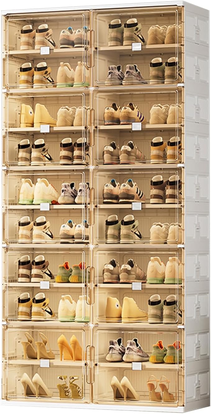 wesimple 40 Pairs Shoes Storage Cabinet of 3-Step Fast Installation,Plastic Shoe Rack with Clear Magnetic Door for Display，Foldable Shoe Organizer for Entryway, Living Room, Garage (2 Row, 10 Tier)