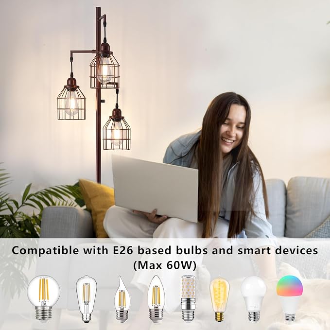 9MMML Floor Lamp for Living Room, Farmhouse Industrial Dimmable Floor lamp, 3 Lights Metal Cage Tree Standing Lamp,68", 3Pcs LED Bulbs Included