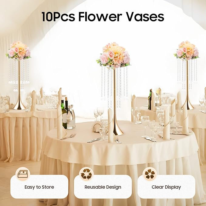 10 Pack Acrylic Crystal Flower Vases, Trumpet Shape Centerpiece with Hand-Strung Beads, Flower Stand Wedding Centerpieces on Floor for Wedding Aisle Decor, Event Centerpieces Decoration (Gold)
