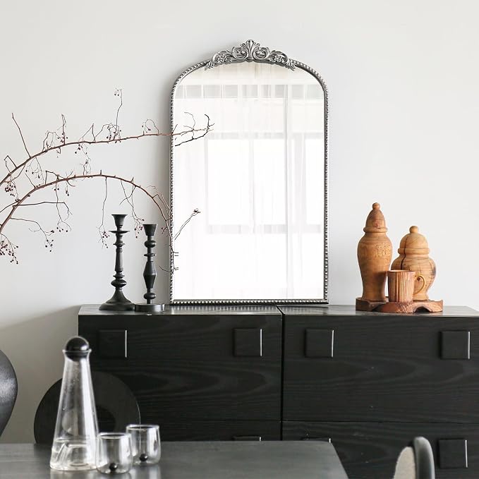 Micasso Vintage Arched Silver Mirror: 31"x19" French Baroque Antique Mirror - Traditional Ornate Decorative for Wall/Bathroom/Entryway/Fireplace/Hallway - Home Decor for Living Room