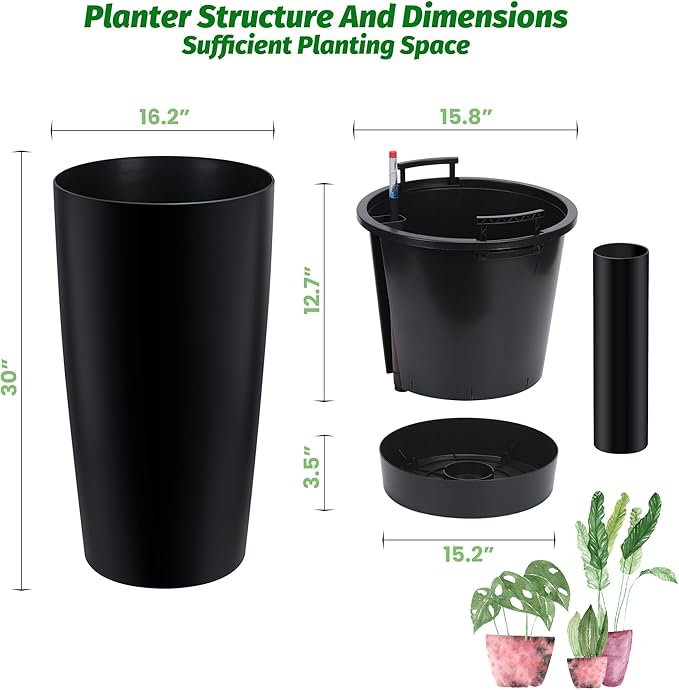 GarveeLife 30 in Tall Planters for Outdoor Plants Set of 2, Large Outdoor Planters for Front Porch Decor with Drainage Holes＆Water Level Monitor ＆Inner Bucket, Automatic Watering, Black