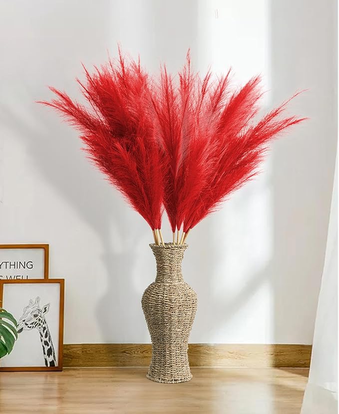 9 Pcs 45" Tall Pampas Grass Red Decor, Long Stem Artificial Flower Floor Vase Large Faux Floral Pompas Fake Plants Dried Bouquet Arrangement Vase Filler for Boho Home Wedding Decoration