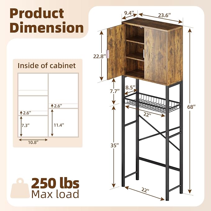 Kalrin Over The Toilet Storage Cabinet with Fluted Wave Doors and Adjustable Shelf, Wood Over Toilet Storage Rack with Drain Basket, Freestanding Bathroom Organizer for Balcony Laundry, Vintage Brown