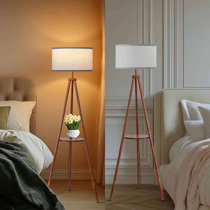 EOEYYOYB Floor Lamps for Living Room, Modern Standing Lamp with Shelf, 3 Color Temperature Led Bulb Tall Lamps with Foot Switch for Bedroom and Office, Walnut