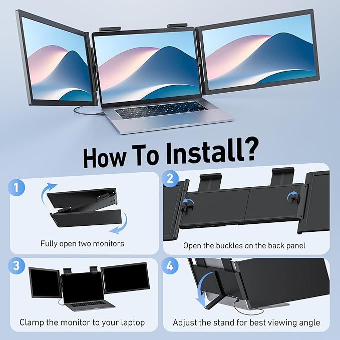 Pornitor Laptop Screen Extender, 14’’ FHD 1080P Triple Portable Monitor for Laptop with Ultra-Slim IPS Display, USB-C Plug and Play Multi Screen Attachment for 14"-16.5" Laptops