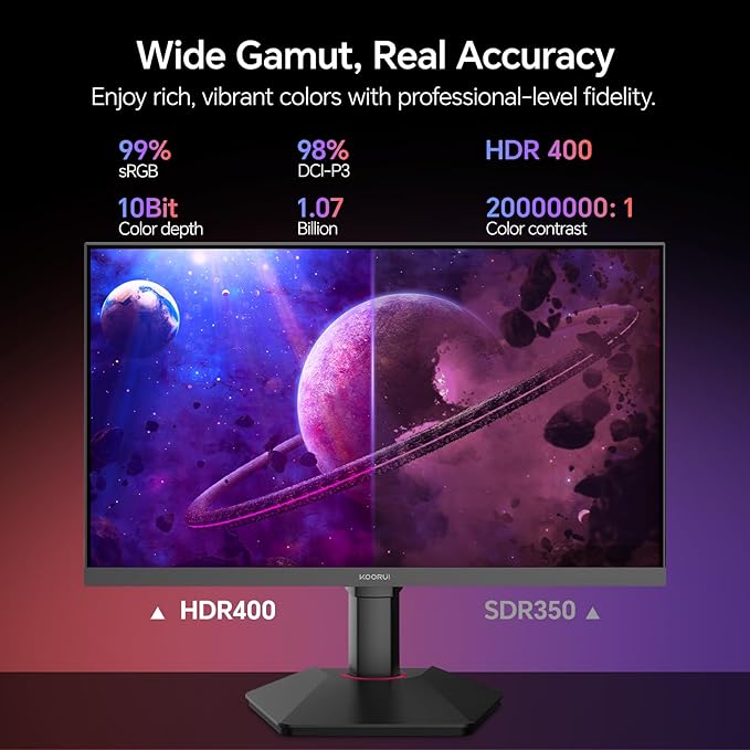 KOORUI Gaming Monitor, 27" Fast IPS Computer Monitor, 320Hz QHD HDR400 Display, PIP/PBP Mode 1ms PC Screen, 98% DCI-P3 Color Gamut, Adaptive Sync, VESA Mountable, HDMI 2.0, DP 1.4, G2721E