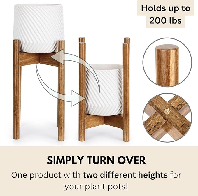 Fox & Fern Adjustable Tall Plant Stand Indoor — 8 to 12 Inch Mid Century Bamboo Plant Stand with Adjustable Width - Plug In Design - Easy to Assemble - Two Heights - For 8, 9, 10, 11 & 12 In Pots