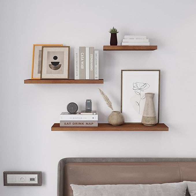 SAUMONIERES Floating Wall Shelves for Bedroom Bathroom Wall Mounted Solid Wood Shelf 24 Inch Set of 3, Walnut Floating Shelves