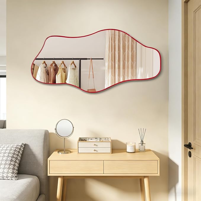 Irregular Frameless Mirror, 35.8"x17.7" Asymmetrical Tempered Glass Mirror, Modern Organic Shaped Wall Mirrors for Entryway Bedroom Living Room Bathroom, Horizontal or Vertical Hanging
