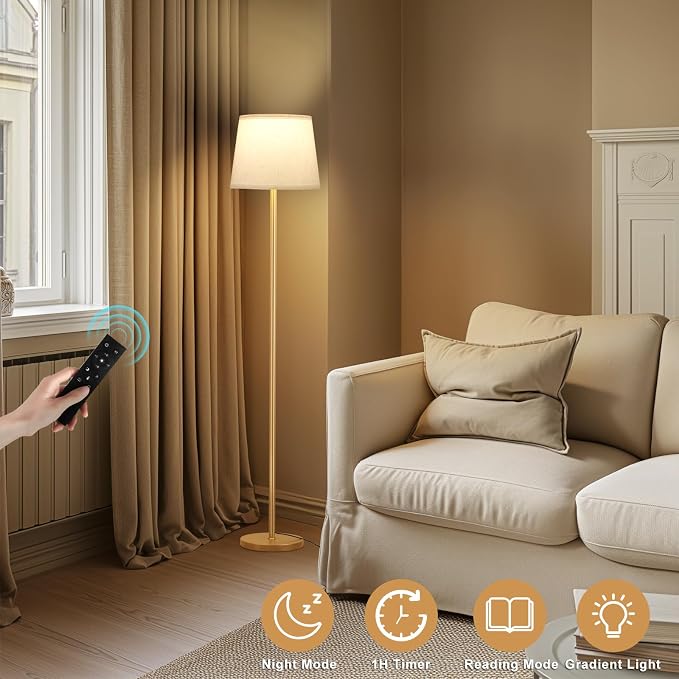 Raexpectis 【Upgraded Floor Lamps for Living Room, Modern Floor Lamp with Remote Control, Dimmable Colors Temperature Standing Lamp Foot Switch, 9W Bulb Tall Lamps for Bedroom Office Kid Room - Gold