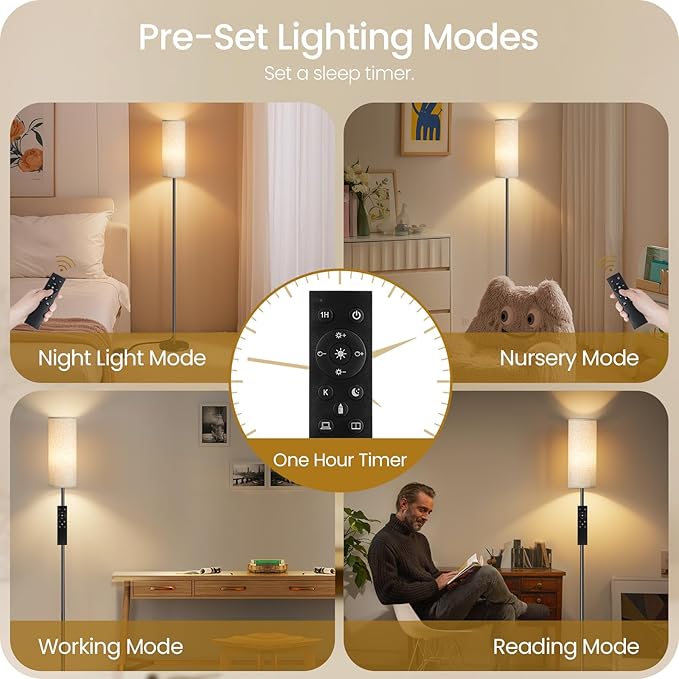 64.4” Slim Floor Lamp for Living Room with Magnetic Remote and Foot Switch, Dimmable Standing Tall Lamp Mood for Bedroom Nursery, 3 Color Temperatures, 1-Hour Timer,900LM Bulb Included,Beige E06LD05W1