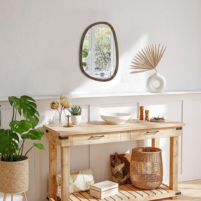 Asymmetrical Oval Mirror for Wall Irregular Wood Frame Modern Mirror Unique Decorative Wall Mirror Vanity Bathroom Living Room Bedroom Entryway Hallway Artistic Mirror Small 14"x10"