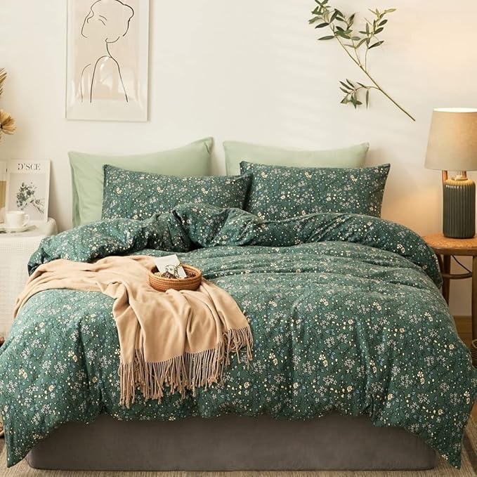 EAVD Vintage Style Garden Green Floral Duvet Cover King Soft Jersey Knit Cotton Aesthetic Floral Bedding Set Chic Botanical Green Duvet Cover with Zipper