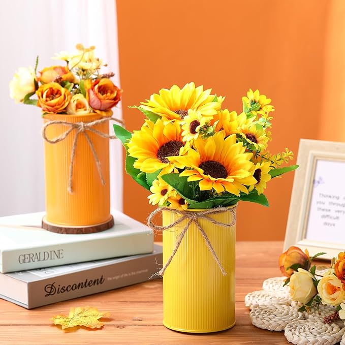Domensi 5.91 in High Farmhouse Vase Decor Galvanized Metal Flower Vase with Twine Bow Vintage Rustic Tin Flower Buckets for Artificial Floral Table Container DIY(Yellow, Orange,8 Pcs)