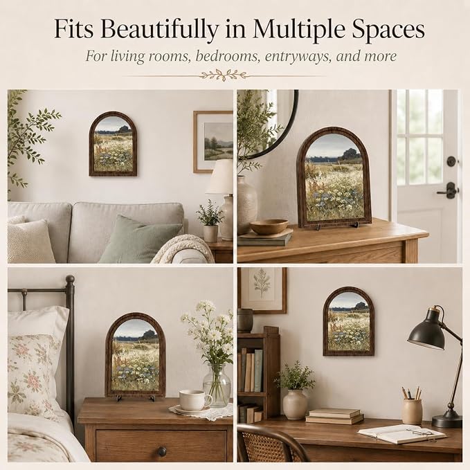 Rustic Farmhouse Tabletop Decor Sign, Arched Wooden Frame Wildflower Meadow Artwork for Desk Shelf Display, Soft Floral Landscape Accent, Gift for Home Decor Lovers