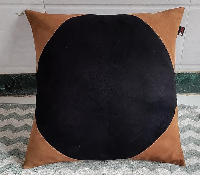 D DOLLY LAMB Lambskin Suede Leather Pillow Cover - Sofa Cushion Case - Decorative Throw Covers for Living Room & Bedroom, 18x18 Inches - Tan and Black (01) Pack of 2