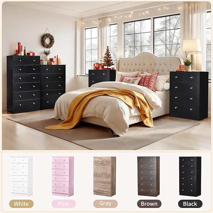 Karl home Black 7 Drawer Dresser for Bedroom, Tall Dresser Chest of Drawers, Rustic Wood Bedroom Dressers Clothes Organizer, Anti-Tipping Device, Rose Gold Metal Handle, Living Room, Entryway, Office