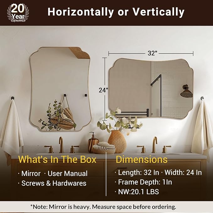 ANDY STAR 24"x32" Gold Mirror, Brushed Brass Scalloped Wall Mirror, Bathroom Wall Mirror with Stainless Steel Metal Framed Ideal for Bedroom, Hallway