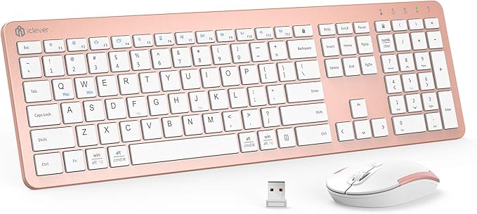 iClever GK08 Wireless Keyboard and Mouse Combo, USB-C Rechargeable Full-Size Keyboard with Numeric Keypad, Quiet Scissor Keys, 2.4 G Plug and Play, Compatible with Mac MacBook Windows PC Laptop