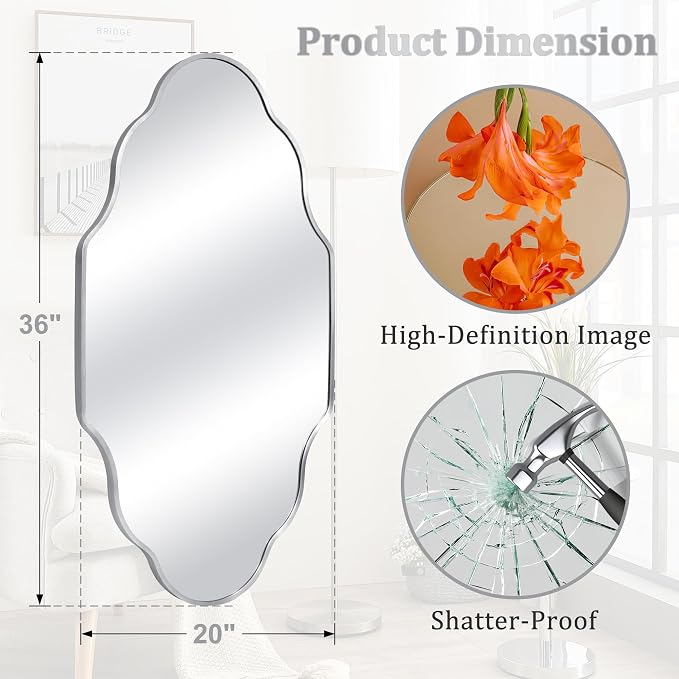 Scalloped Mirror for Bathroom - 20"x36" Silver Bathroom Mirror with Aviation Aluminum Alloy Frame & Shatter-Proof Glass for Living Room Bedroom Entryway, Brushed Silver Frame