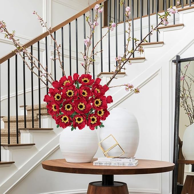 Hollyone 10 Heads Red Poppy Flowers Artificial 2Pcs Fake Poppies Flowers Bouquets with 7 Heads Full Bloom Poppy & 3 Buds Bouquet Stems Spring Sumer Faux Floral Flower Arrangement for DIY Home Decor
