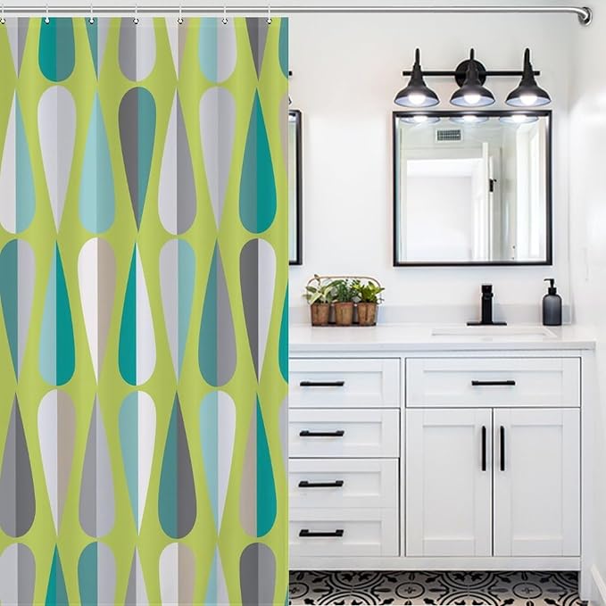Mid Century Modern Shower Curtain,Abstract Geometric Drop Shapes Art Style Shower Curtains Set for Bathroom Fabric Decorative Bath Curtain Washable Curtain Hooks, 72x72 inch