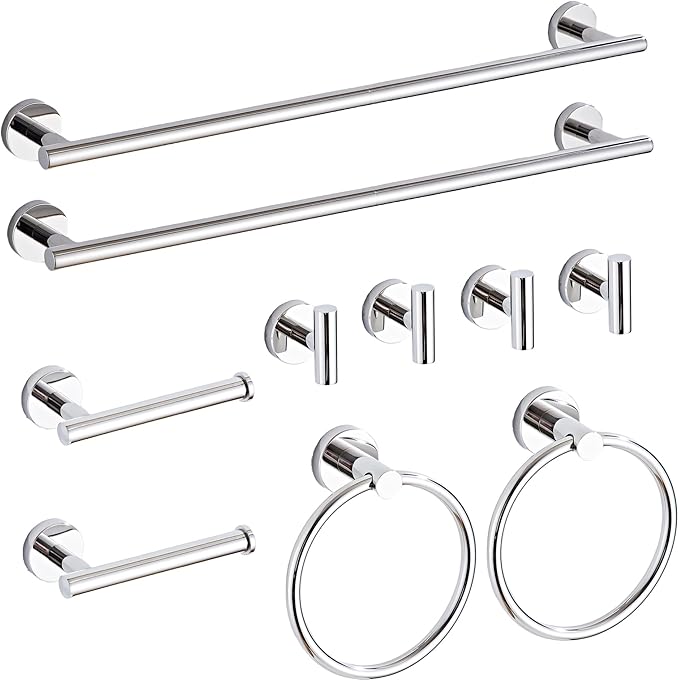 Chrome Bathroom Hardware Set 10 Piece with Towel Racks for Bathroom, SUS304 Stainless Steel Bath Towel Bar Set, 24 Inch Wall Mounted Accessories Kit