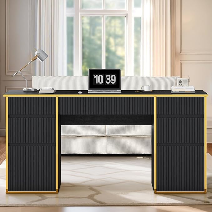 58 Inch Executive Desk with 7 Drawers, Black and Gold Desk with File Drawers for Bedroom, Home Office Desk with Storage for Study, Living Room
