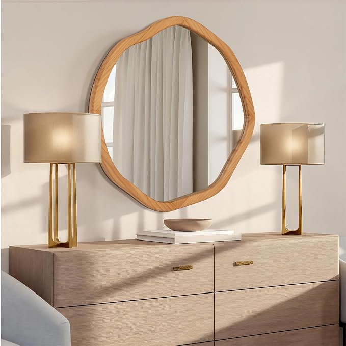 ULIKE Round Wood Mirror, 30 Inch Irregular Circle Vanity Wall Mirror with Wooden Frame, Rustic Decorative Wall Mount for Bathroom Bedroom Living Room Entryway, Natural