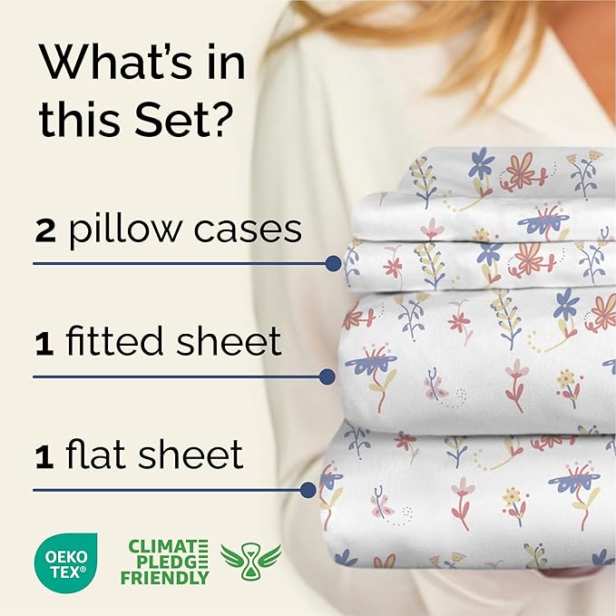 Floral Sheets - Butterfly Floral Bed Sheet Set - 1 Flat, 1 Fitted & 2 Pillowcases w/ Deep Pockets - Wrinkle & Fade Free Boho Botanical Bedding - Soft, Breathable and Cooling - Cal King Size Bed Set