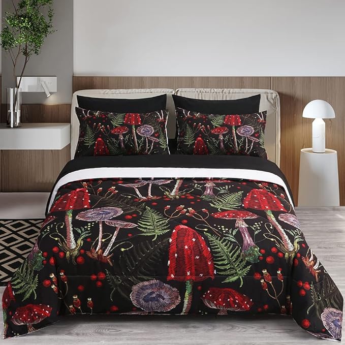 7 Piece Mushroom Comforter Set Full/Queen Size Mushroom Bedding Set Bed in A Bag 3D Plants Colorful Red Black Boho Quilt Set for Kid Boys Girls Teens Woman Adults All Season