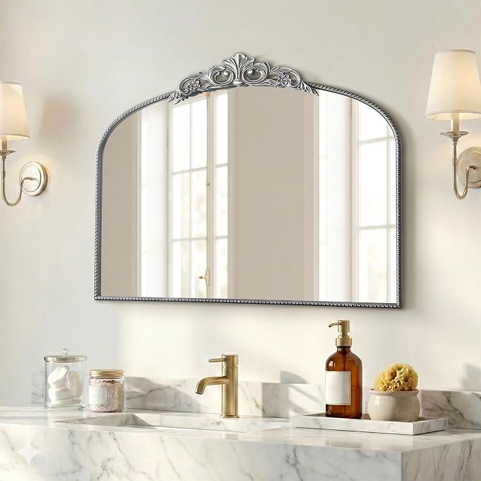 Micasso Vintage Silver Arched Mirror: 36"x29" French Baroque Antique Wall Mounted Mirror - Traditional Ornate Decorative for Wall/Fireplace/Entryway/Bathroom/Hallway - Home Decor for Living Room