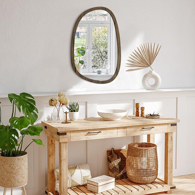 Brown Irregular Mirror for Wall Decor Modern Asymmetrical Wooden Framed Wall Mirror Unique Shape Vanity Artistic Oval Mirror Decorative for Bedroom Bathroom Living Room Entryway Hallway Large