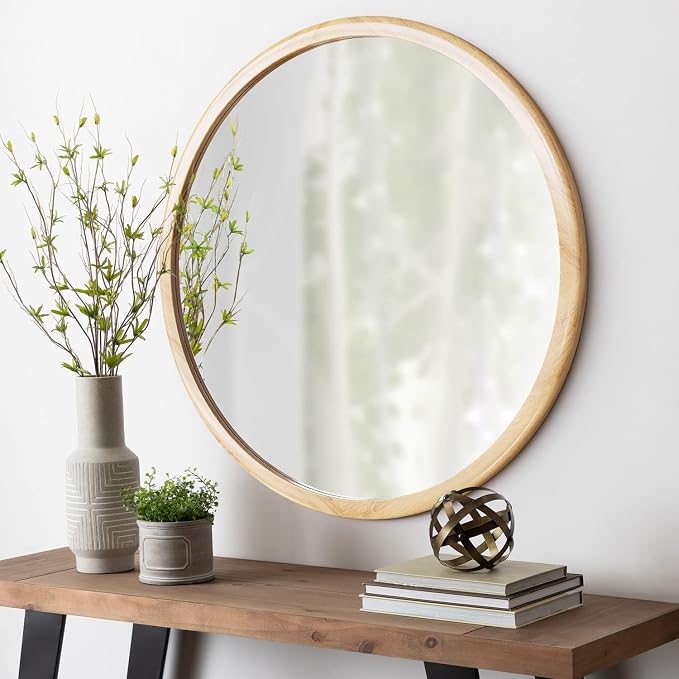 Round Wood Mirror,32 inch Circle Wooden Natural Large Farmhouse Vanity Boho Decor Wall Mirror for Bathroom Bedroom Living Room Hallway
