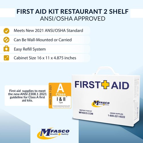 MFASCO First Aid Kit - OSHA 2021 Class A Metal Cabinet for Restaurants | 2 Shelf Wall Mount, Ideal for Food Service & Catering