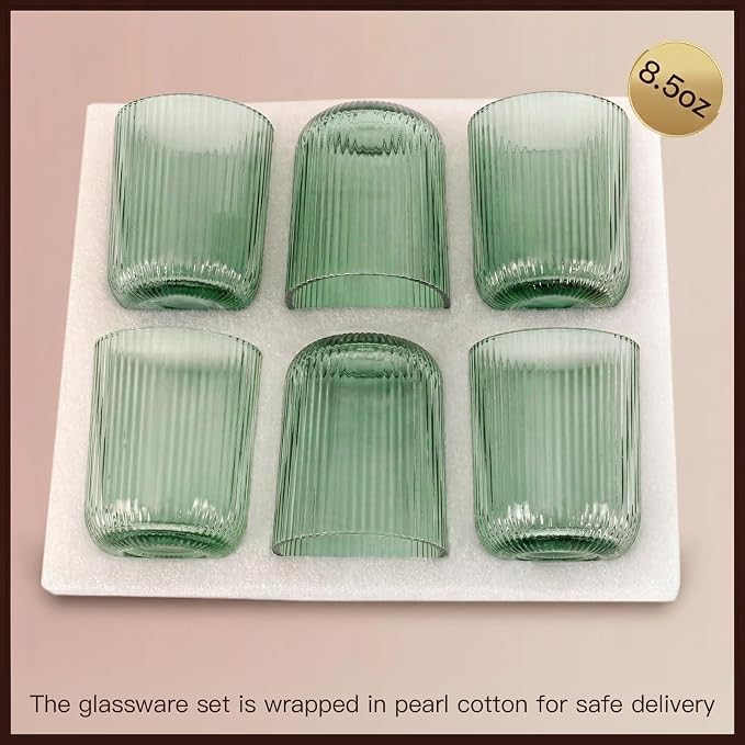 Green Ribbed Highball Glasses Set of 6, 8.5oz Sage Green Vintage Glassware, Drinking Glasses for Water, Juice, Coffee, Cocktails, Green Glass Cups, Housewarming & Christmas Gift