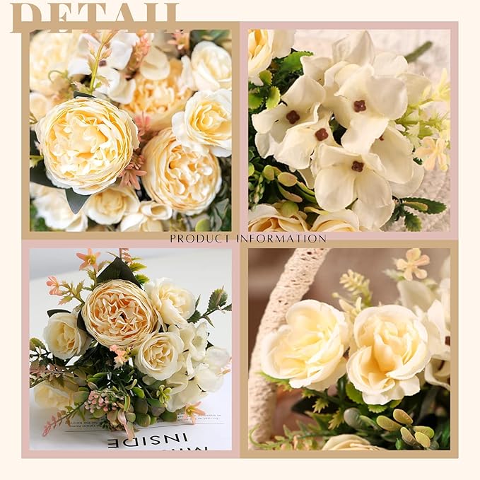 ASTRYAS Artificial Flowers, Small Artificial Peony Silk Flowers Fake Peonies Bouquet Faux Rose Flower Arrangement for Home Party Decoration (Champagne)