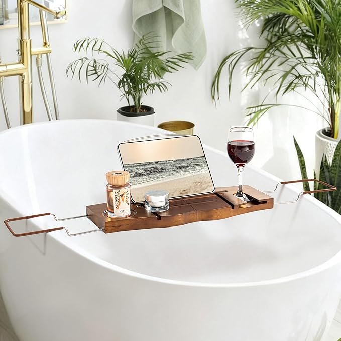 Teak Bathtub Tray Expandable Bathroom Tray for Home Spa Relaxation, Wooden Tray Caddy for Bathtub, Teak Bathtub Caddy as Unique Housewarming, Birthday, Wedding Shower Gifts. Light Walnut