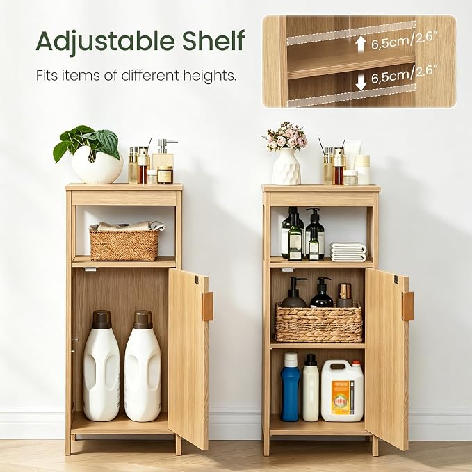 CHOEZON Bathroom Cabinet, Freestanding Bathroom Storage Cabinet with Door and Shelves, Small Floor Storage Cabinet, Narrow Bathroom Table, Fluted Door, Gold Handle, for Bathroom, Living Room, Natural