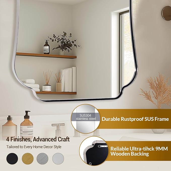 ANDY STAR 24"x40" Brushed Nickel Mirror, Scalloped Bathroom Wall Mirror in Anti-Rust Stainless Steel Metal Frame 1’’ Deep, Hangs Vertically/Horizontally