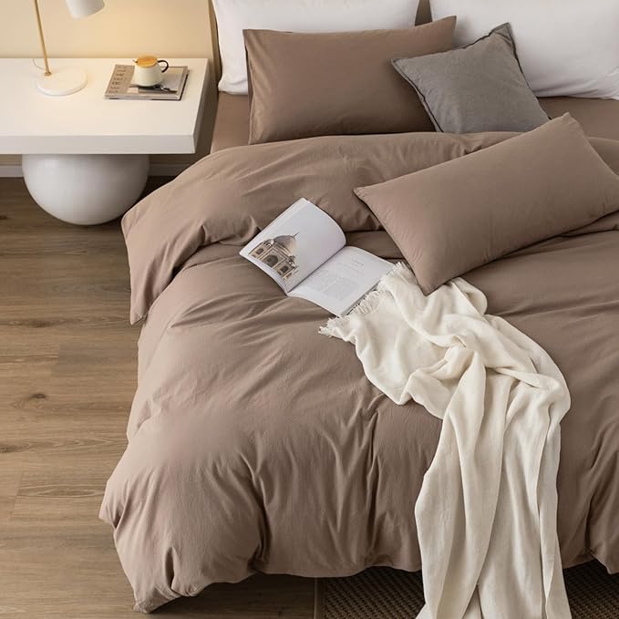 JIYUAN 100% Washed Cotton Duvet Cover Set 3 Pieces Super Queen, 1 Duvet Cover 90x98 Inches(Comforter Not Included) and 2 Pillowcases,Linen Feel Bedding Set Comfy and Breathable,Light Brown
