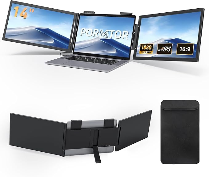 Pornitor Laptop Screen Extender, 14’’ FHD 1080P Triple Portable Monitor for Laptop with Ultra-Slim IPS Display, USB-C Plug and Play Multi Screen Attachment for 14"-16.5" Laptops