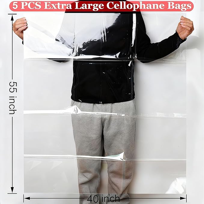 SYOGUA Extra Large Clear Cellophane Bags, 5 Pack 40" x 55" Jumbo Crystal Clear Gift Bags, 3 Mil Thick Huge Plastic Bags for Baskets Packaging, Cellophane Wrap Christmas Gift Bags