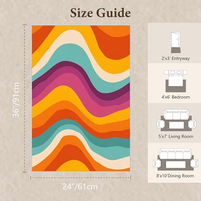Retro 70s Area Rug 2x3, Mid Century Modern Abstract Wavy Carpet, Colorful Rainbow Swirl Rug for Living Room Bedroom Office, Non-Slip Washable Indoor Floor Mat