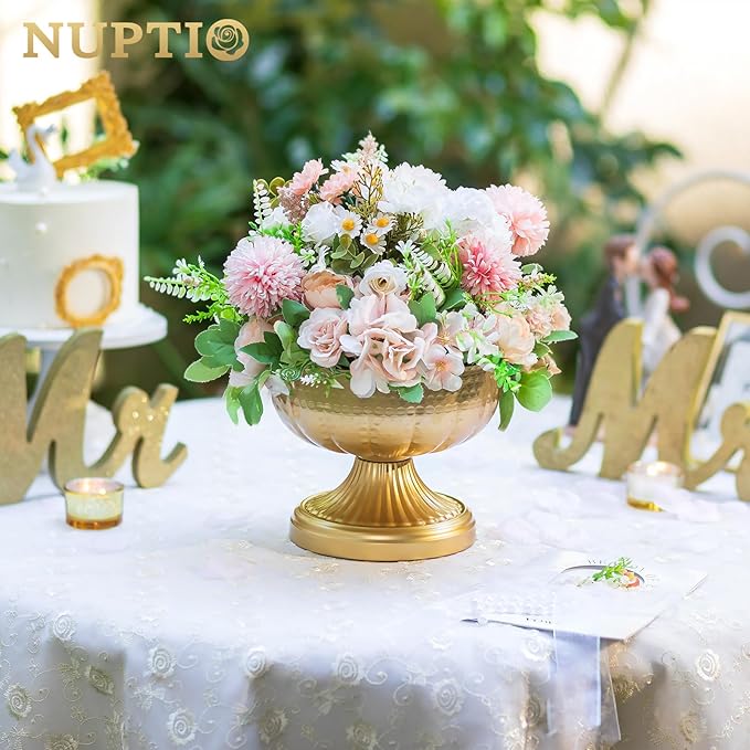 NUPTIO Gold Vases for Centerpieces Wedding: Hammered Brass Compote Vases for Small Flowers Arrangements - Metal Pedestal Bowl for Table Home Decor Set of 2