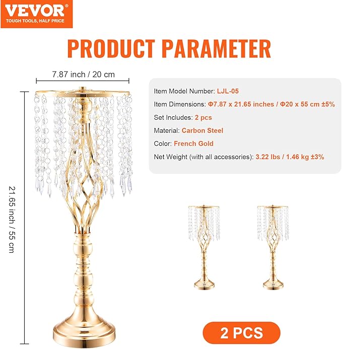 VEVOR Metal Wedding Centerpiece Gold,Crystal,2PCS 55cm/21.65”