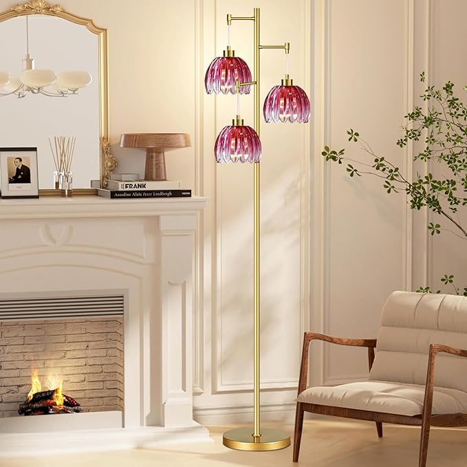 QIYIZM Pink Floor Lamp for Living Room,Bedroom,Gold Mid Century Modern Standing Lamp Brass Tree 3 Light Tall Floor Lamps Vintage Retro Floor Lights Glass Flower Lamp Shade Farmhouse Boho Bohemian
