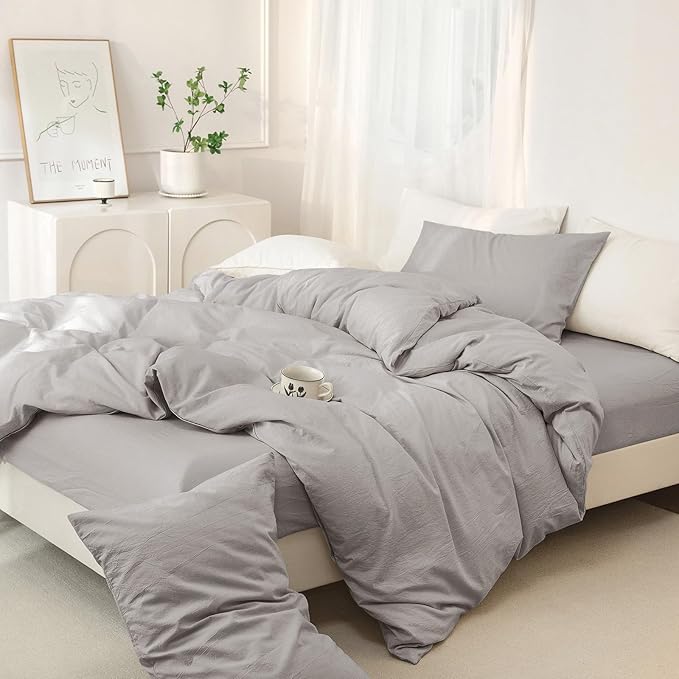 JIYUAN 100% Washed Cotton Duvet Cover Set 3 Pieces Queen, 1 Duvet Cover 90x90 Inches(Comforter Not Included) and 2 Pillowcases,Linen Feel Bedding Set Comfy and Breathable, Heathered Pastel Grey