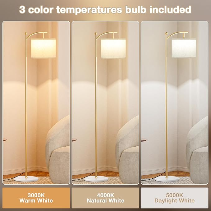 Ambimall 60" Floor Lamp for Living Room with 3 Color Temperatures, Gold Standing Lamp with White Marble Base, Modern Tall Lamp for Bedroom Office, 9W LED Bulb Included