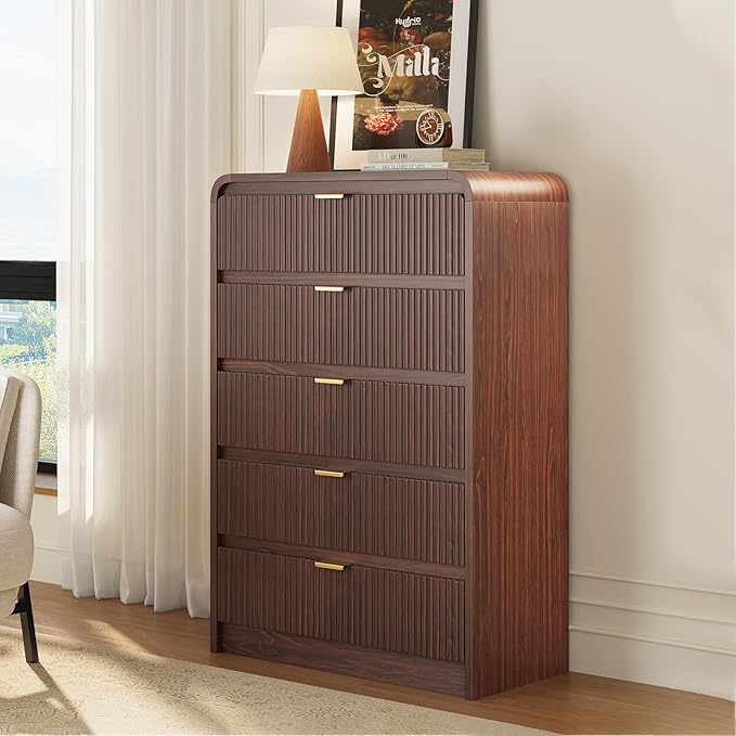 FURSUN Fluted 5 Drawers Dresser for Bedroom, 48" Tall Wooden Modern Dresser with Metal Handle, Curved Profile Design, Storage Organizer for Living Room, Hallway（Dark Walnut）